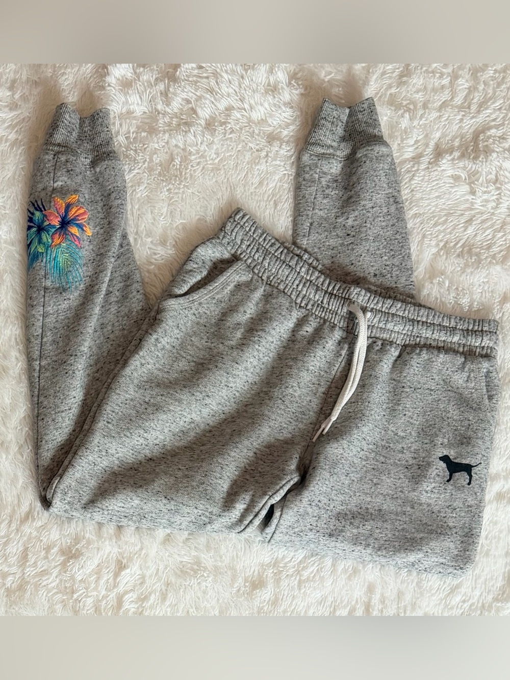 VS PINK Grey Marled Joggers Hibiscus Flower Logo Sweatpants Size XS